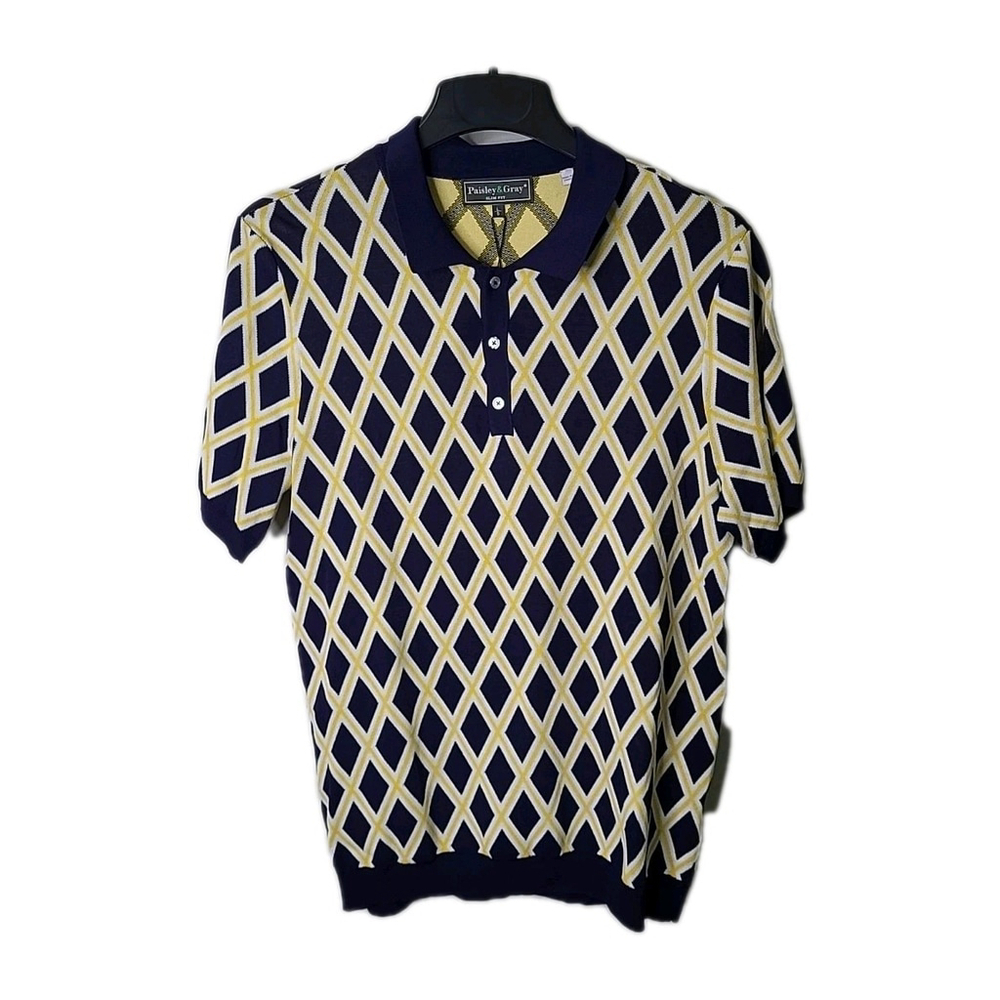 Paisley & Gray Men's Polo Shirt Knit Size L Slim Fit Blue/Yellow Preppy Golf